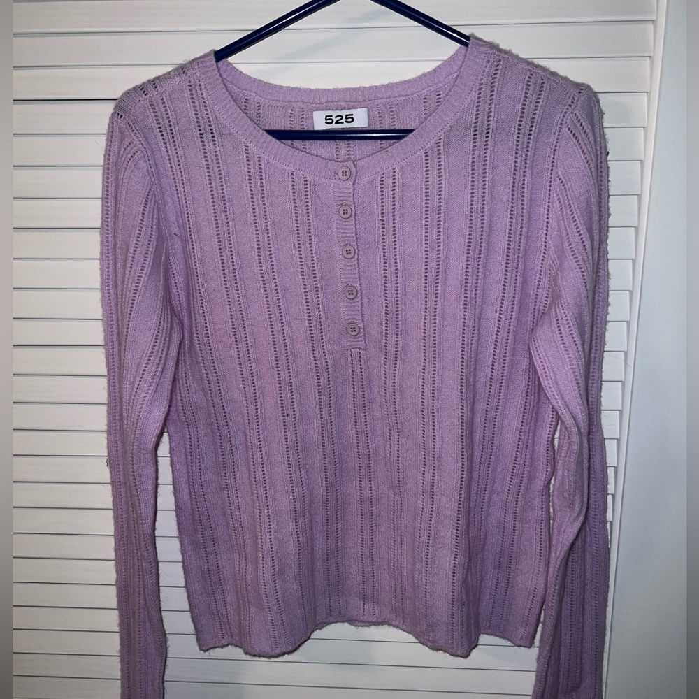 525 AMERICA CASHMERE POINTELLE HENLEY PULLOVER WOMENS SMALL LILAC